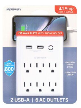 Merkury Innovations 2 USB Wall Charger and 6-Outlet with Phone Stand, White